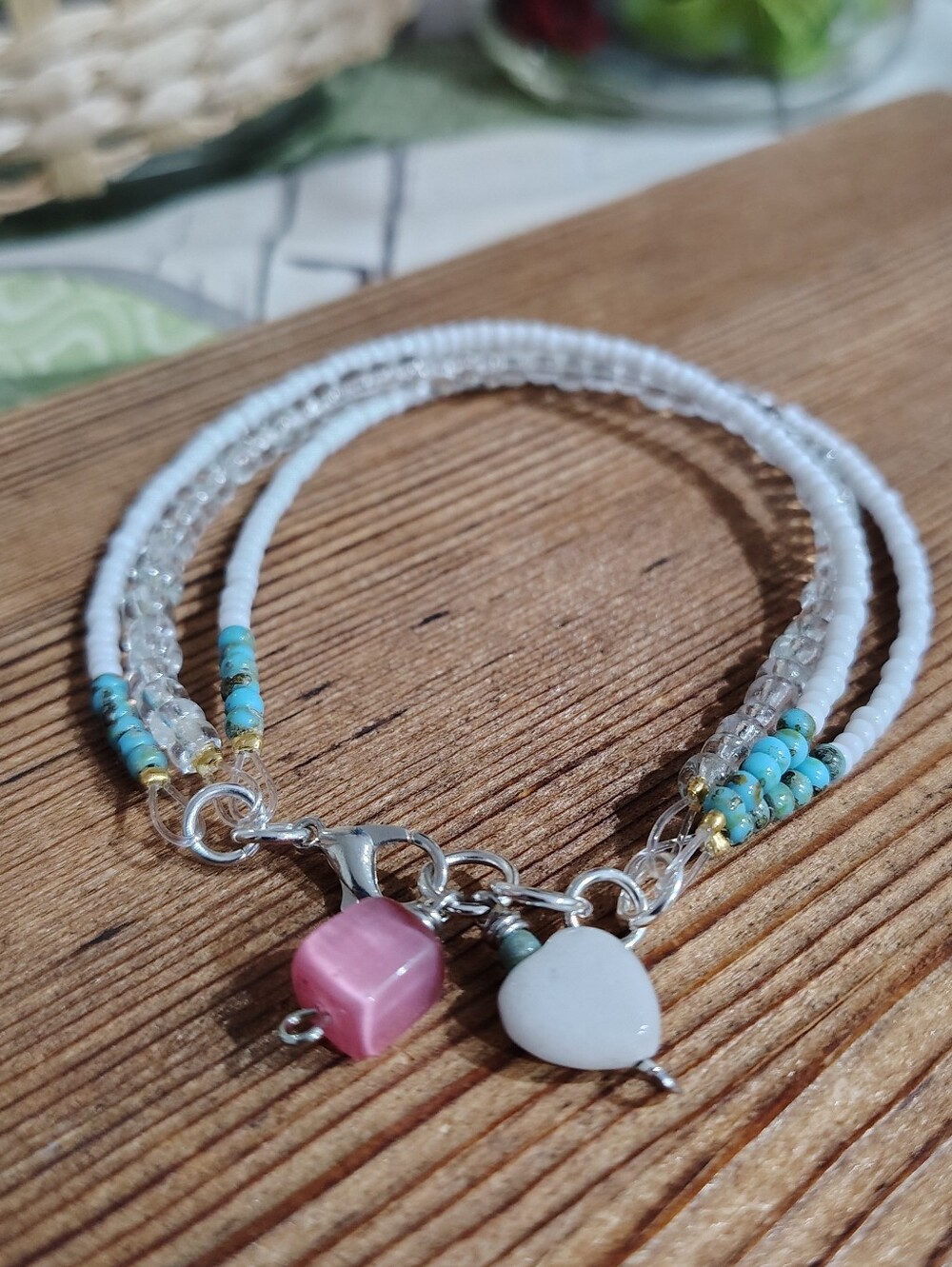 Handmade White and Pink Beaded Triple-Strand Bracelet with Heart Charm